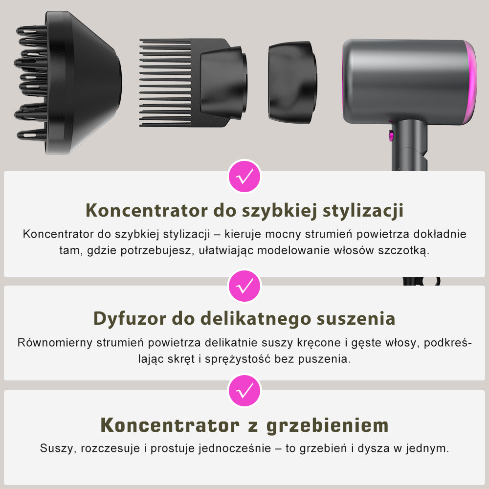 Qimmaol Velofold – Profesjonalna suszarka jonizująca z koncentratorem, dyfuzorem i nasadką grzebieniową [kompaktowa / lekka / składana / 350 g]