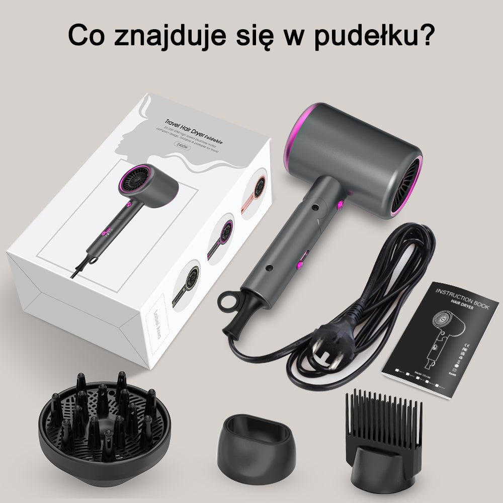 Qimmaol Velofold – Profesjonalna suszarka jonizująca z koncentratorem, dyfuzorem i nasadką grzebieniową [kompaktowa / lekka / składana / 350 g]
